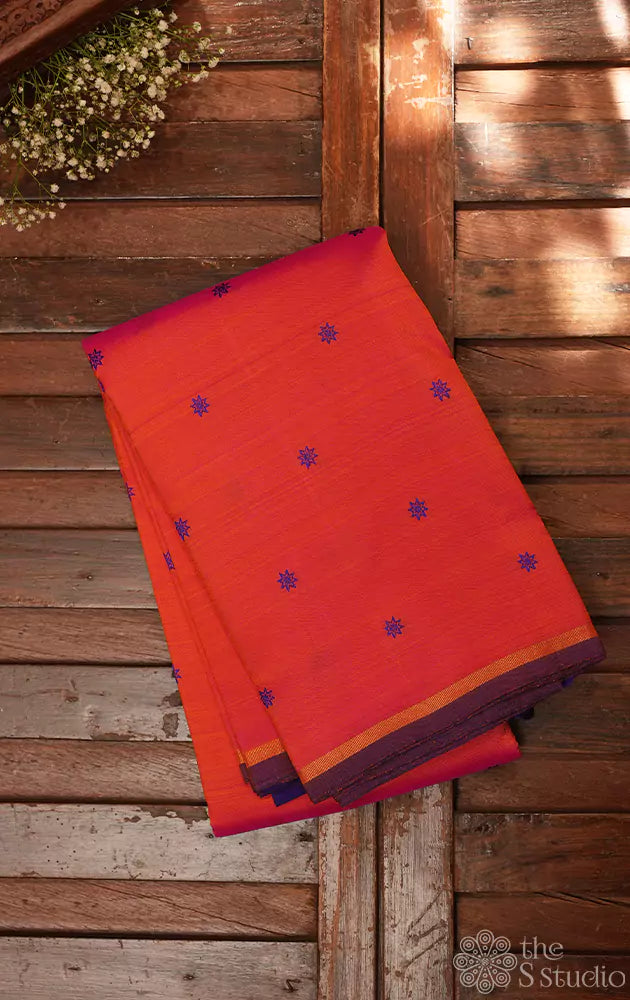 Peach kanchipuram silk saree with thread buttas and contrast blue pallu