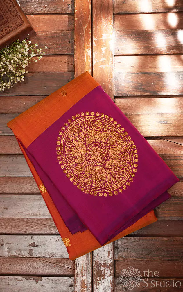 Mustard kanchi silk saree with purple border woven with zari mandala motifs