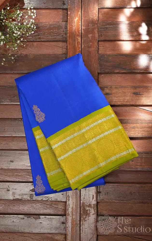 Blue kanchipuram silk saree with pale green border
