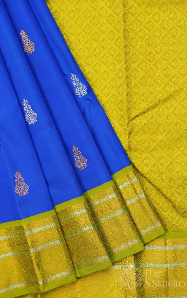 Blue kanchipuram silk saree with pale green border