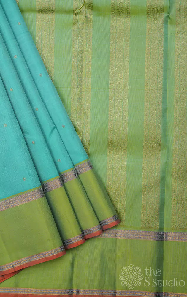 Light blue kanchi silk saree with pastel green border