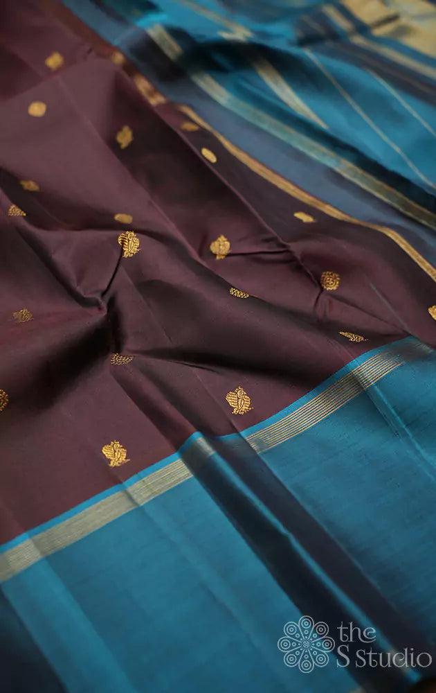 Coffee brown kanjivaram silk saree with rettai pet blue border