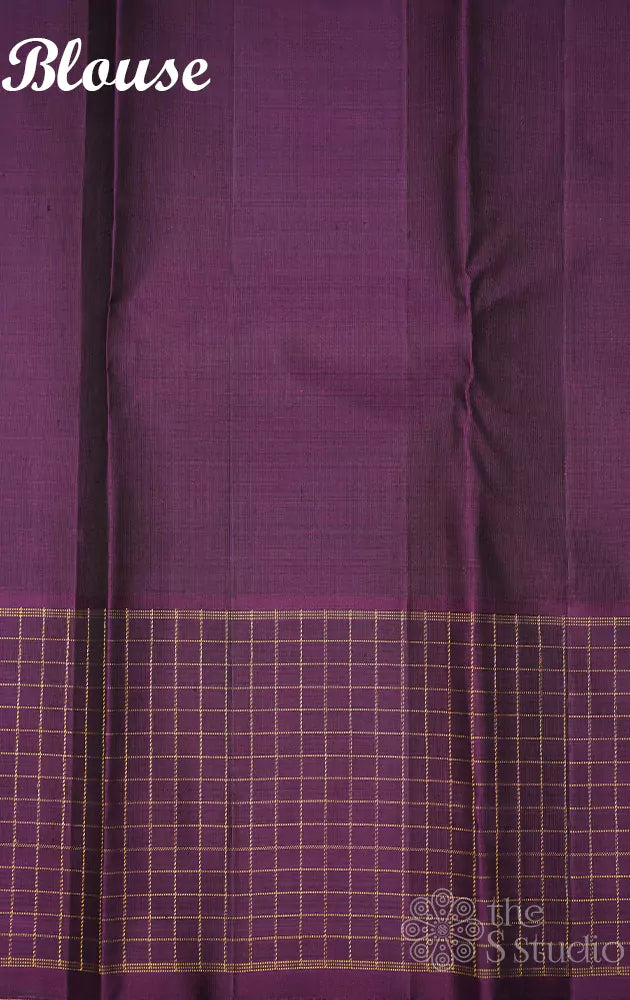 Brown kanchi silk saree with purple checked border