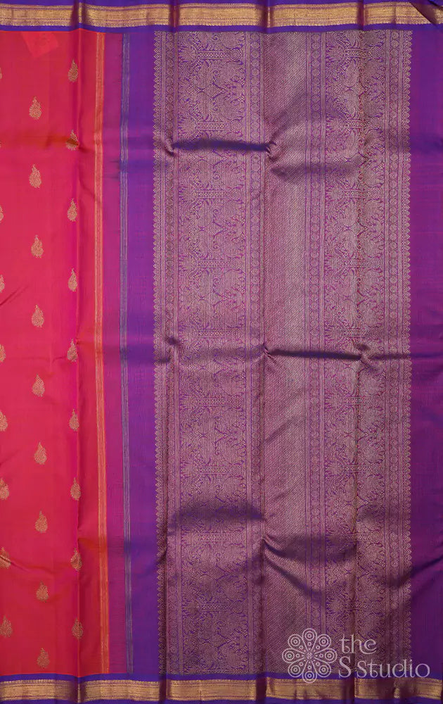 Peachish pink kanchipuram silk saree with purple small border
