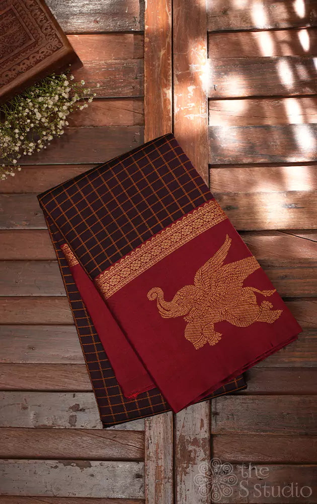 Brown kanchi silk saree with elephant motifs border