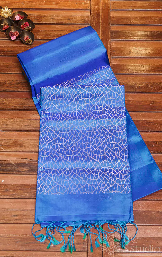 Blue plain soft silk saree with brocade pallu and blouse