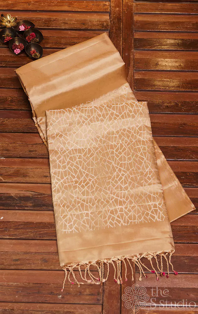 Beige plain soft silk saree with brocade pallu and blouse