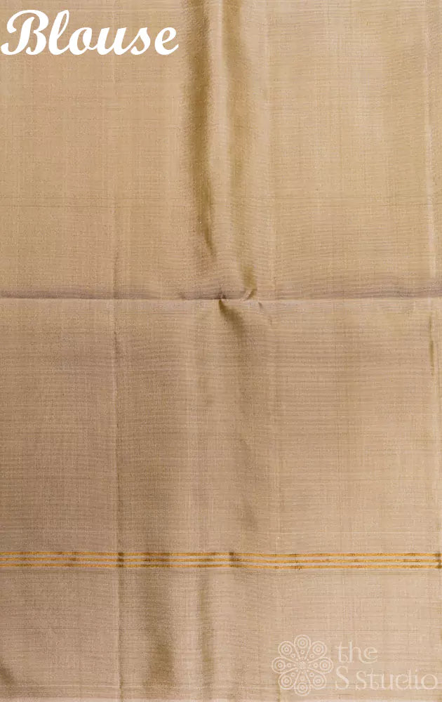 Beige plain soft silk saree with zari pallu