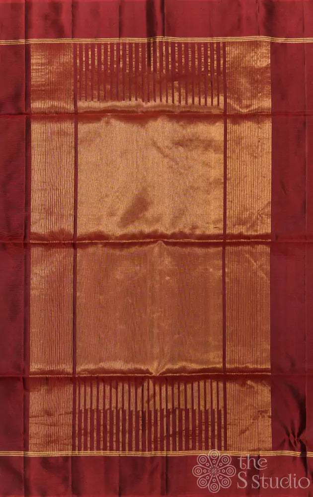 Brown plain soft silk saree with zari pallu