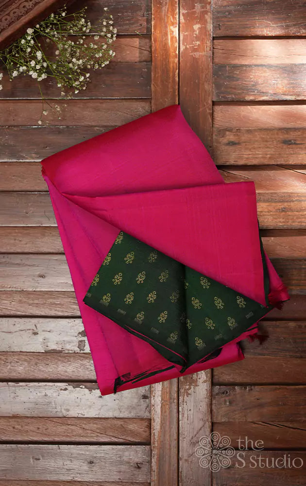 Ranipink and green partly pallu kanchipuram silk saree with small green zari buttas