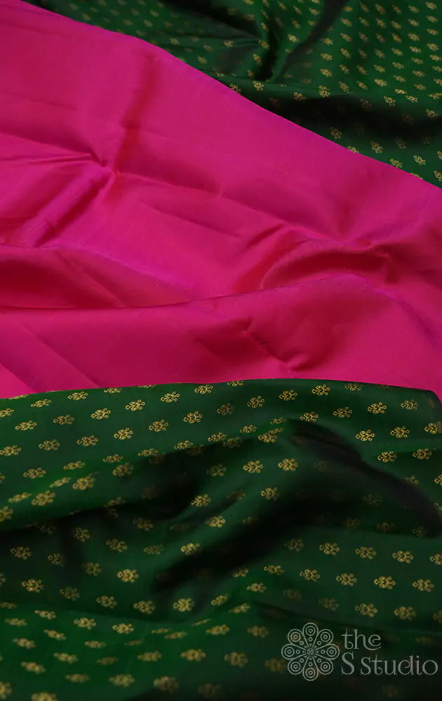Ranipink and green partly pallu kanchipuram silk saree with small green zari buttas