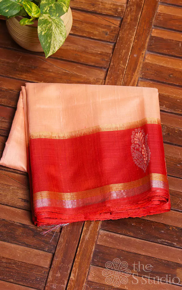 Light peach handloom raw silk saree with red border