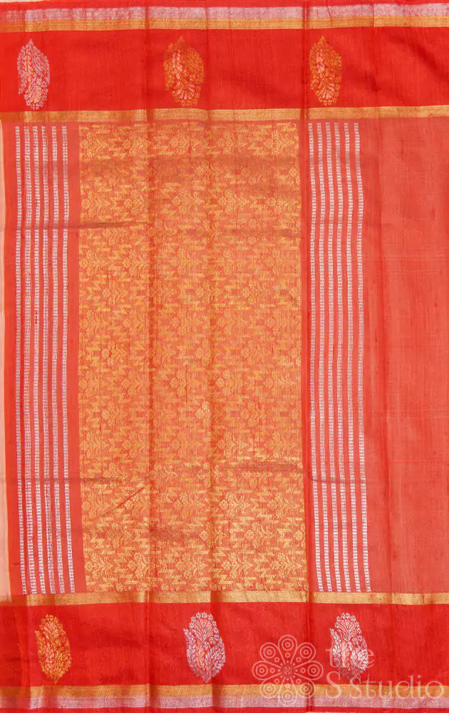 Light peach handloom raw silk saree with red border