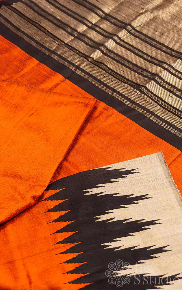 Orange handloom raw silk saree with temple border