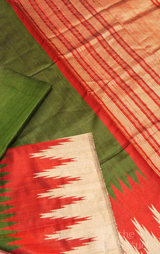 Green handloom raw silk saree with temple border