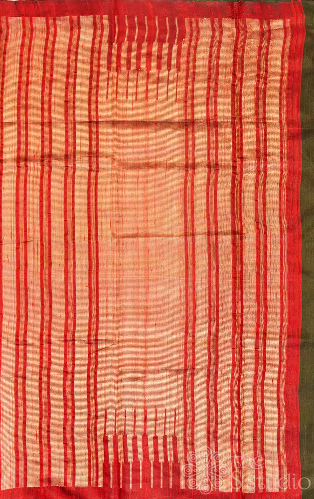 Green handloom raw silk saree with temple border