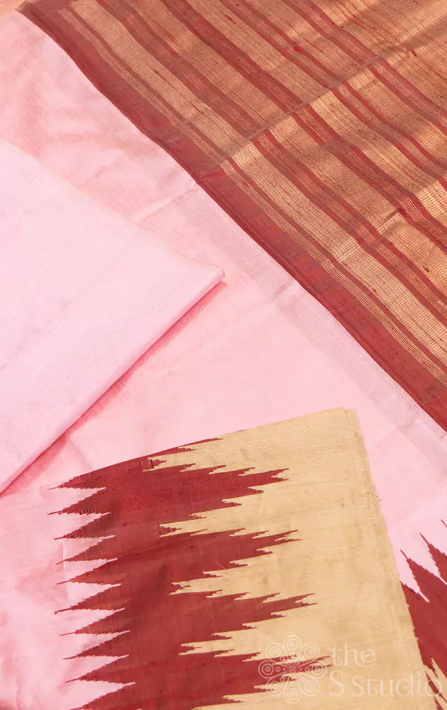 Light pink handloom raw silk saree with temple border
