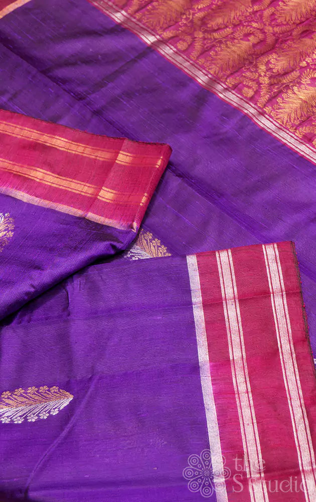Voilet handloom raw silk saree with magenta border