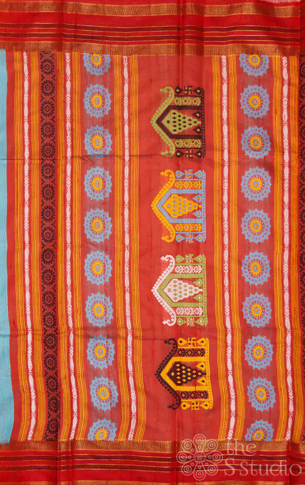 Light blue handloom raw silk saree with red border