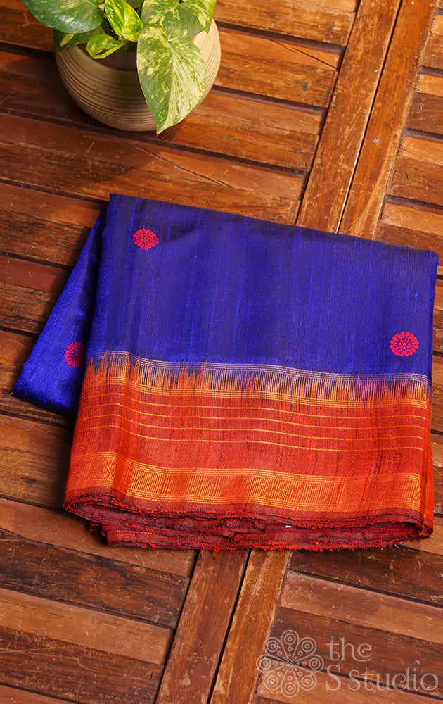 Blue handloom raw silk saree with maroon border