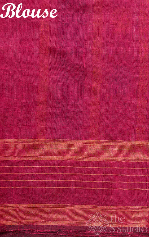 Green handloom raw silk saree with magenta border