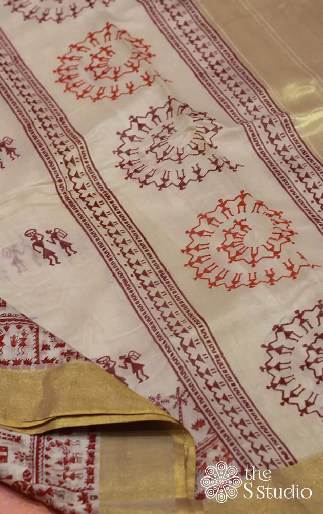 White chanderi cotton saree with block prints