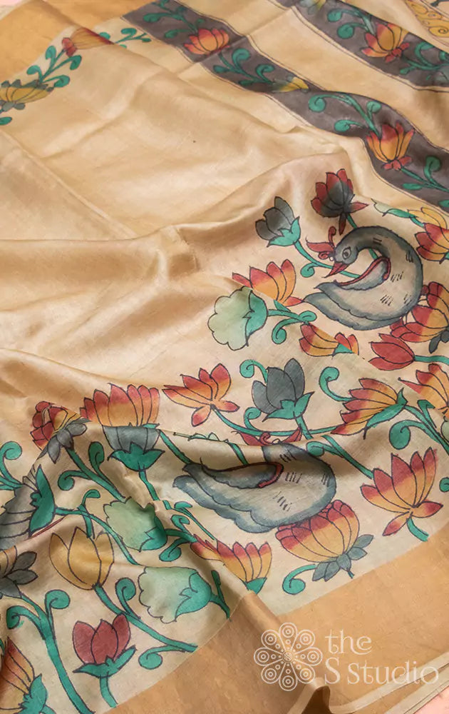 Off white tussar saree with hand painted kalamkari ( Pre Order Booking Available )