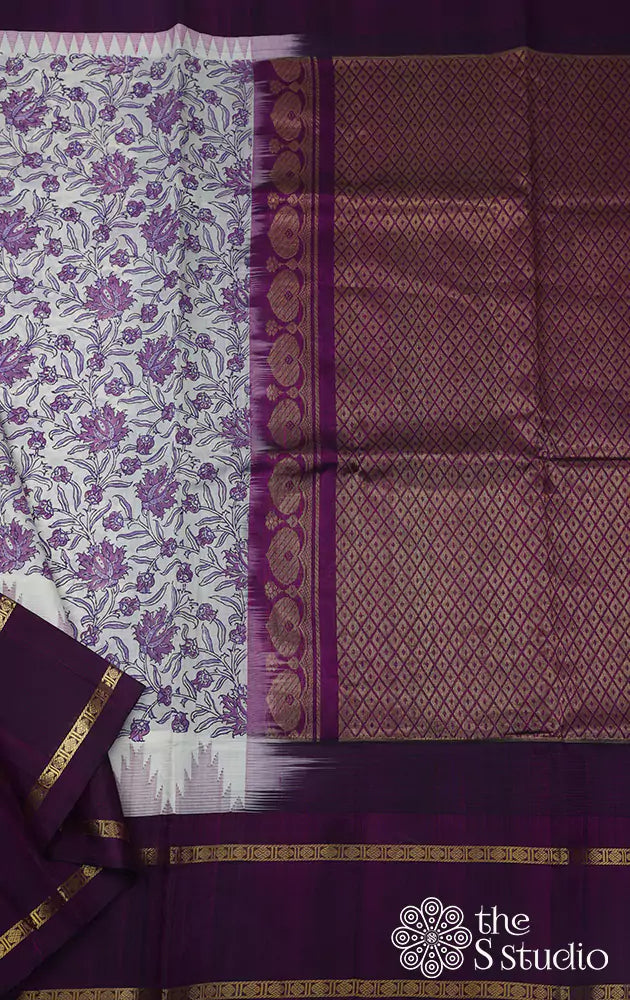 Off white printed silk cotton saree with purple silk border