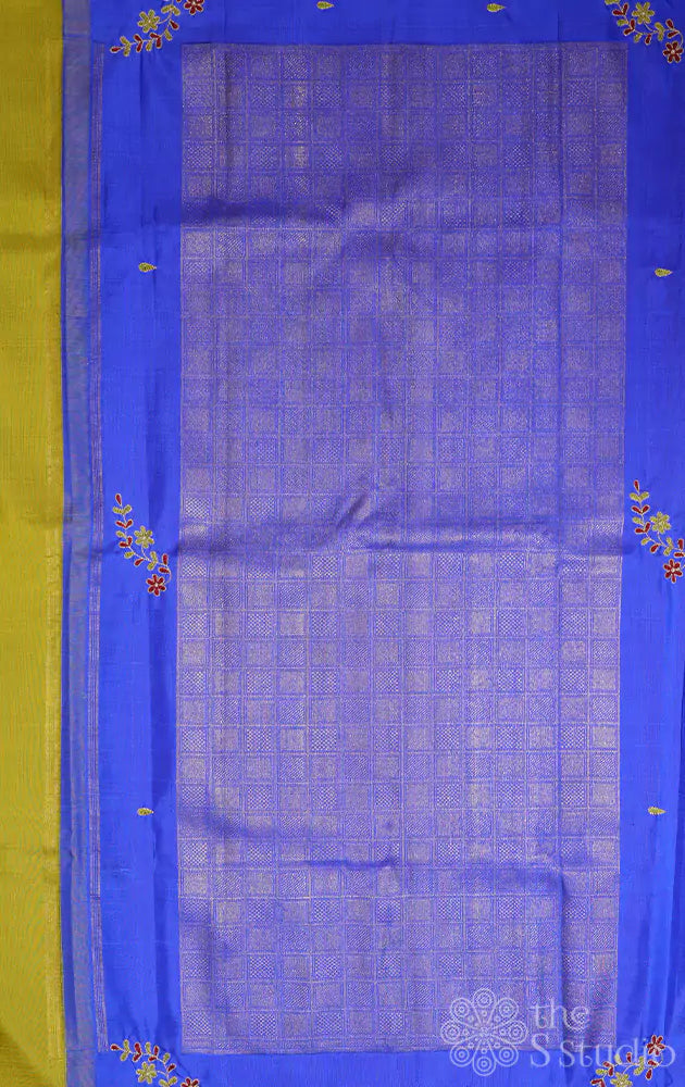 Methi green hand embroidered kanchi silk saree with royal blue pallu