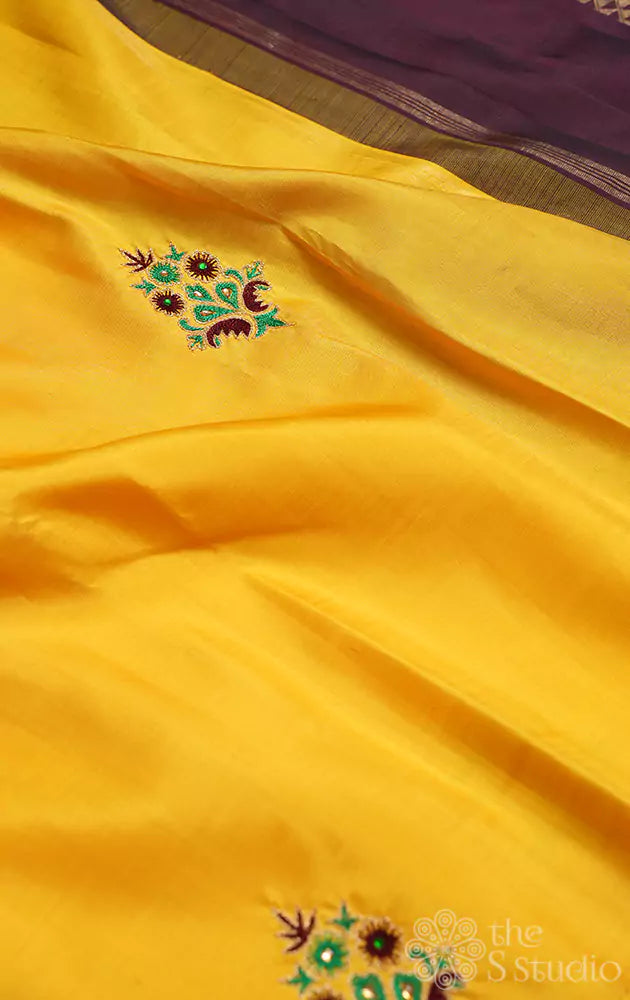 Mango yellow hand embroidered kanchi silk saree with brown pallu