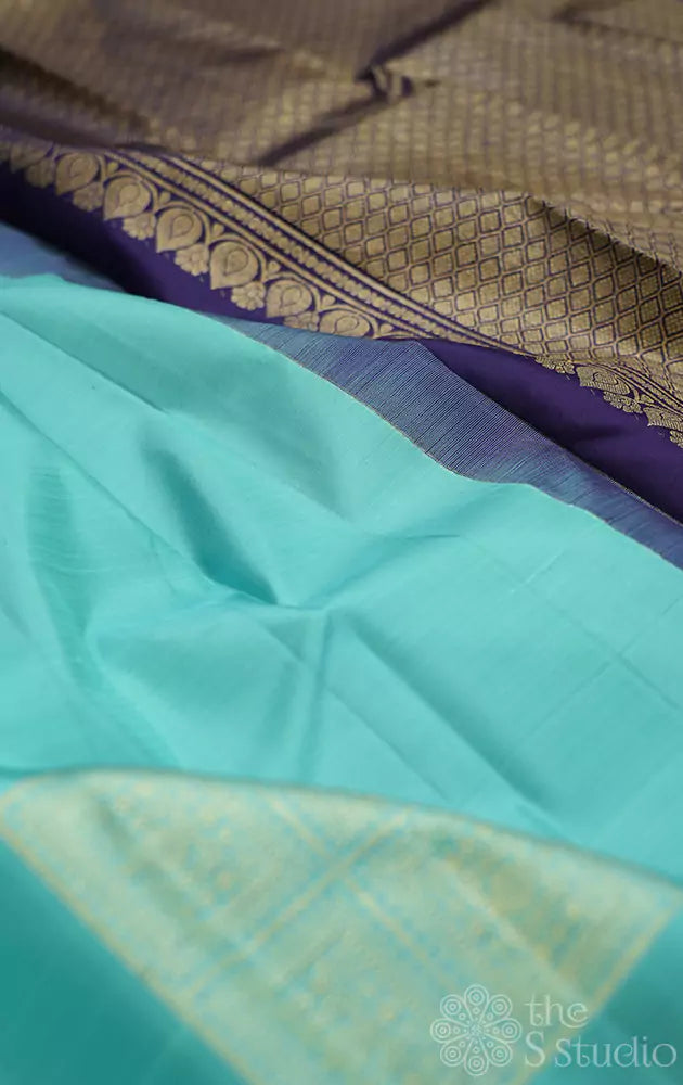 Light blue kanchi silk saree with square zari buttas