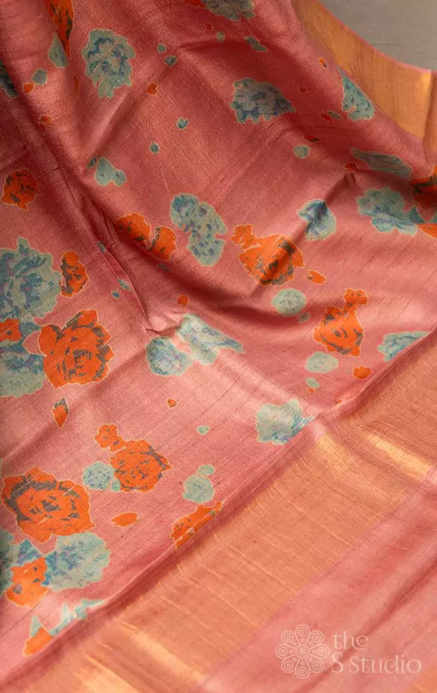 Pastel pink printed tussar saree with zari border
