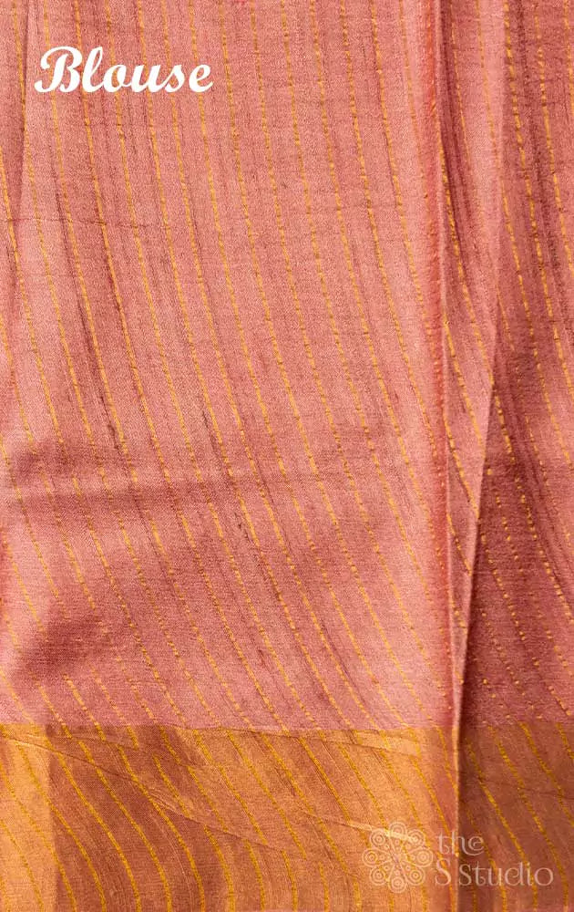 Pastel pink printed tussar saree with zari border