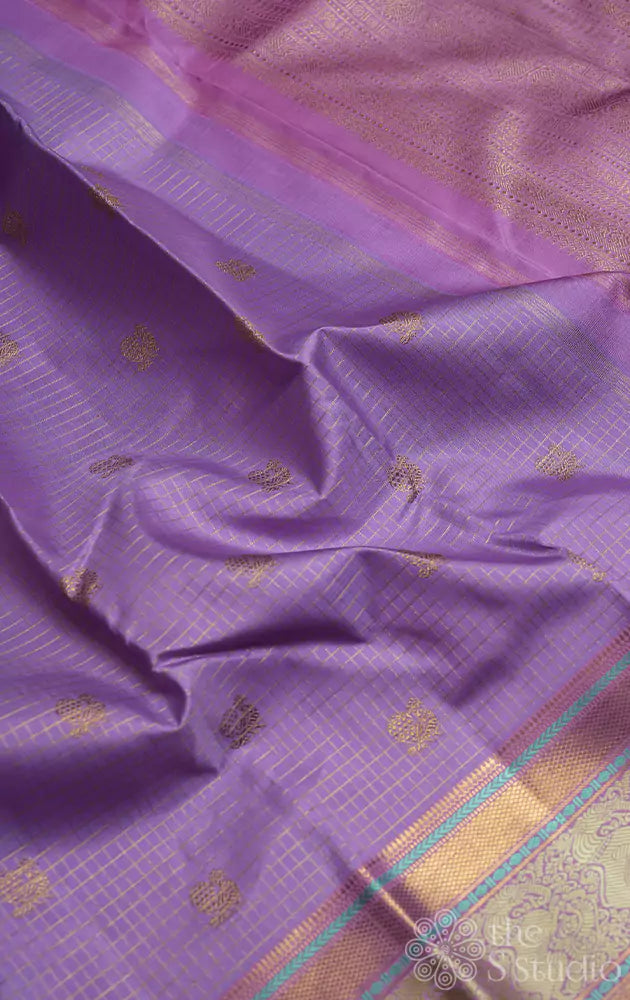 Lavender checked kanchi silk saree with pink pallu
