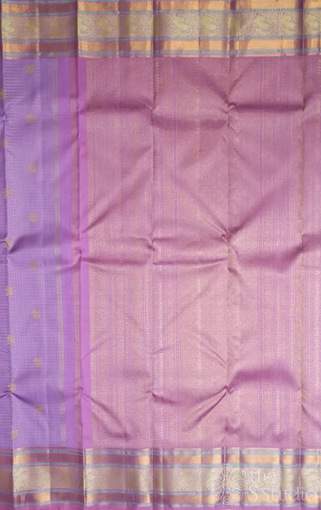 Lavender checked kanchi silk saree with pink pallu