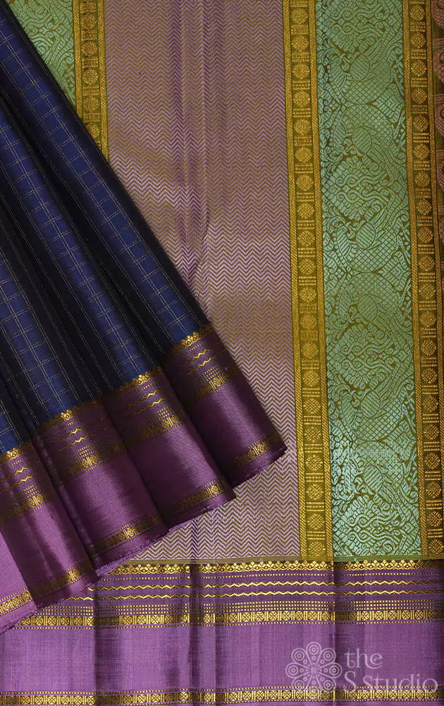 Ocean blue kanchipuram silk saree with violet border