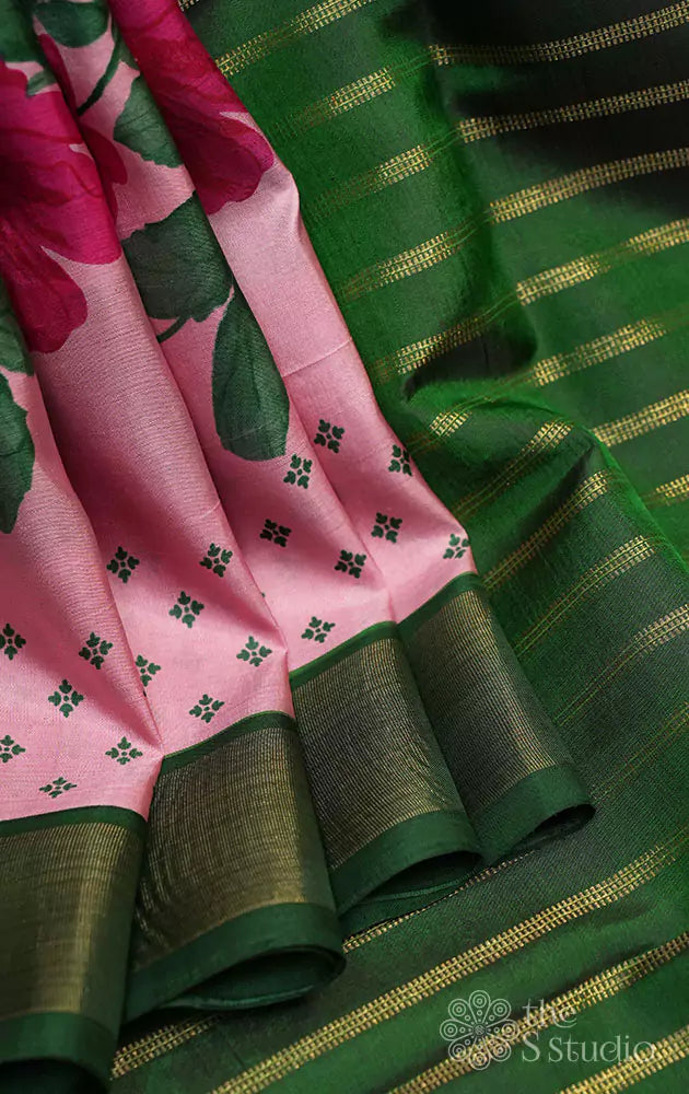 Lotus pink printed kanjivaram saree with green zari border