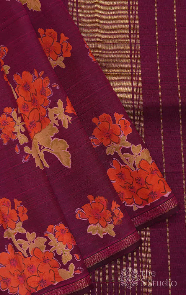 Deep wine kanchipuram silk saree with floral prints