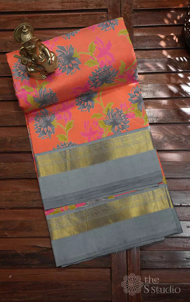 Peach kanchipuram silk saree with contrast grey border and floral prints