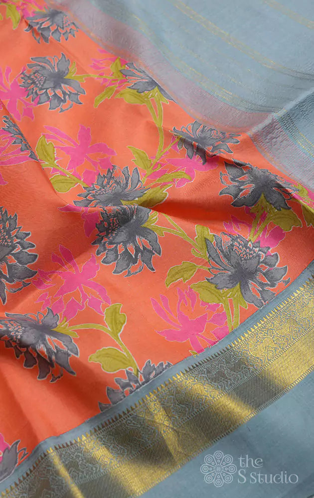 Peach kanchipuram silk saree with contrast grey border and floral prints