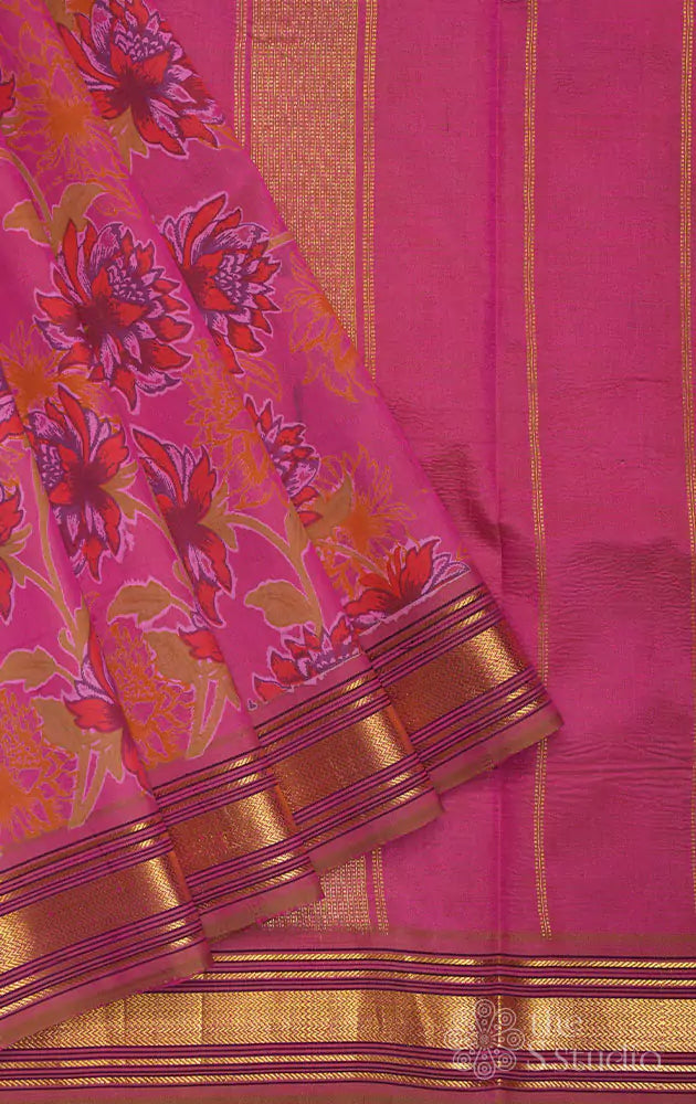 Pink kanchipuram silk saree with  floral prints