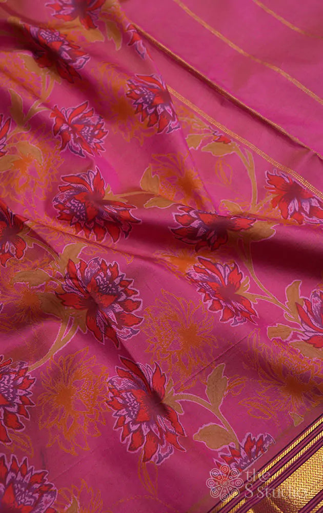 Pink kanchipuram silk saree with  floral prints